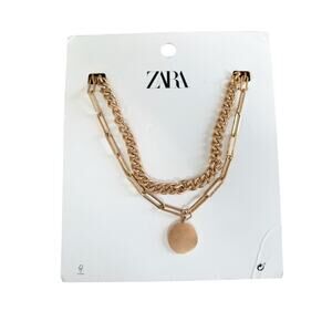 Zara Gold Tone Layered Necklace Set Matte Pendant Chain NWT